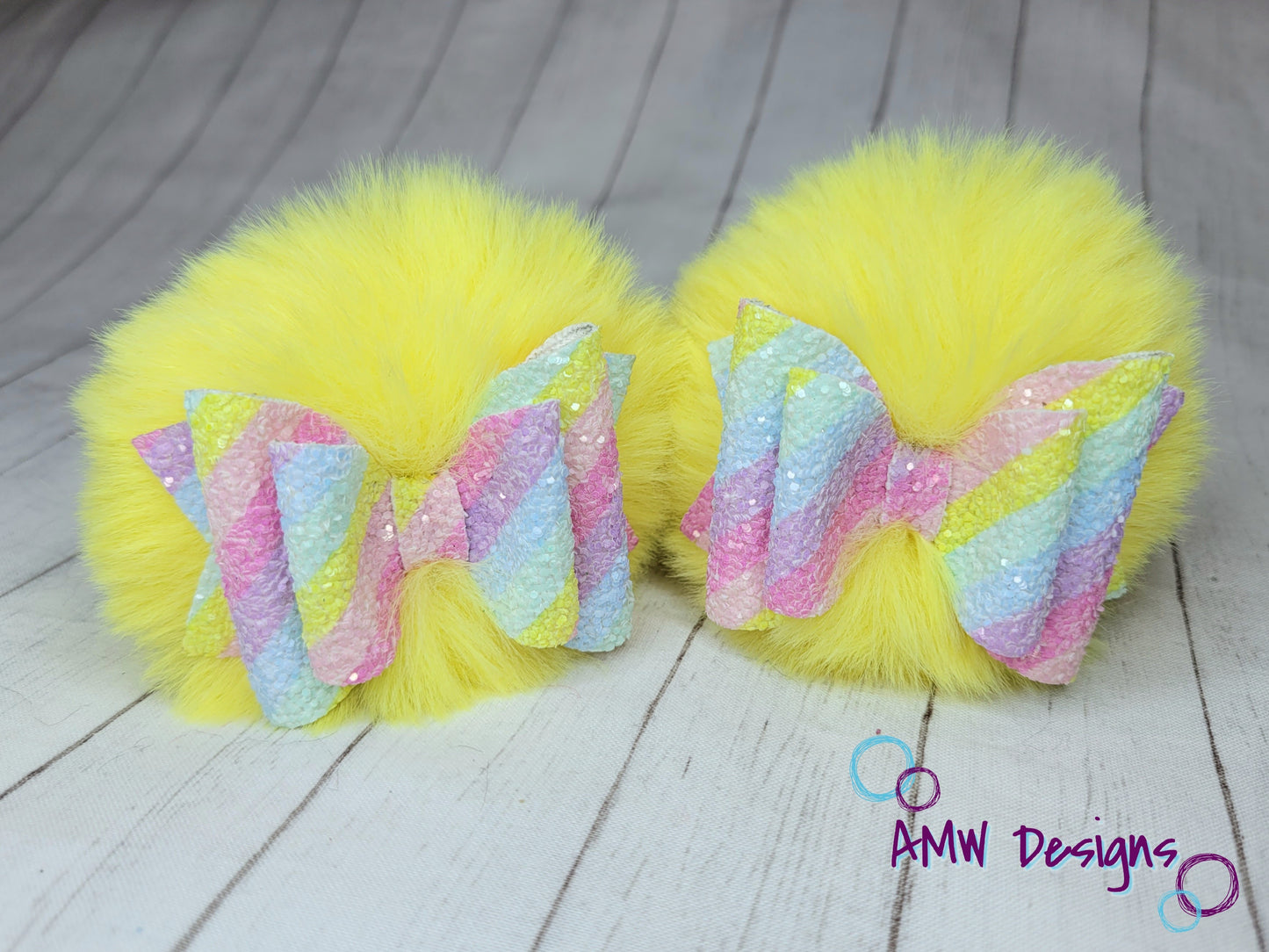 Rainbow Stripes on Yellow Pom Piggies