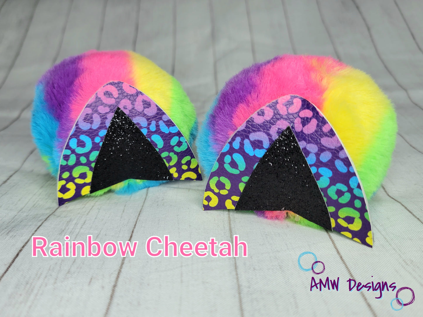 Rainbow Cheetah Ear Pom Piggies