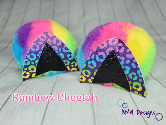 Rainbow Cheetah Ear Pom Piggies
