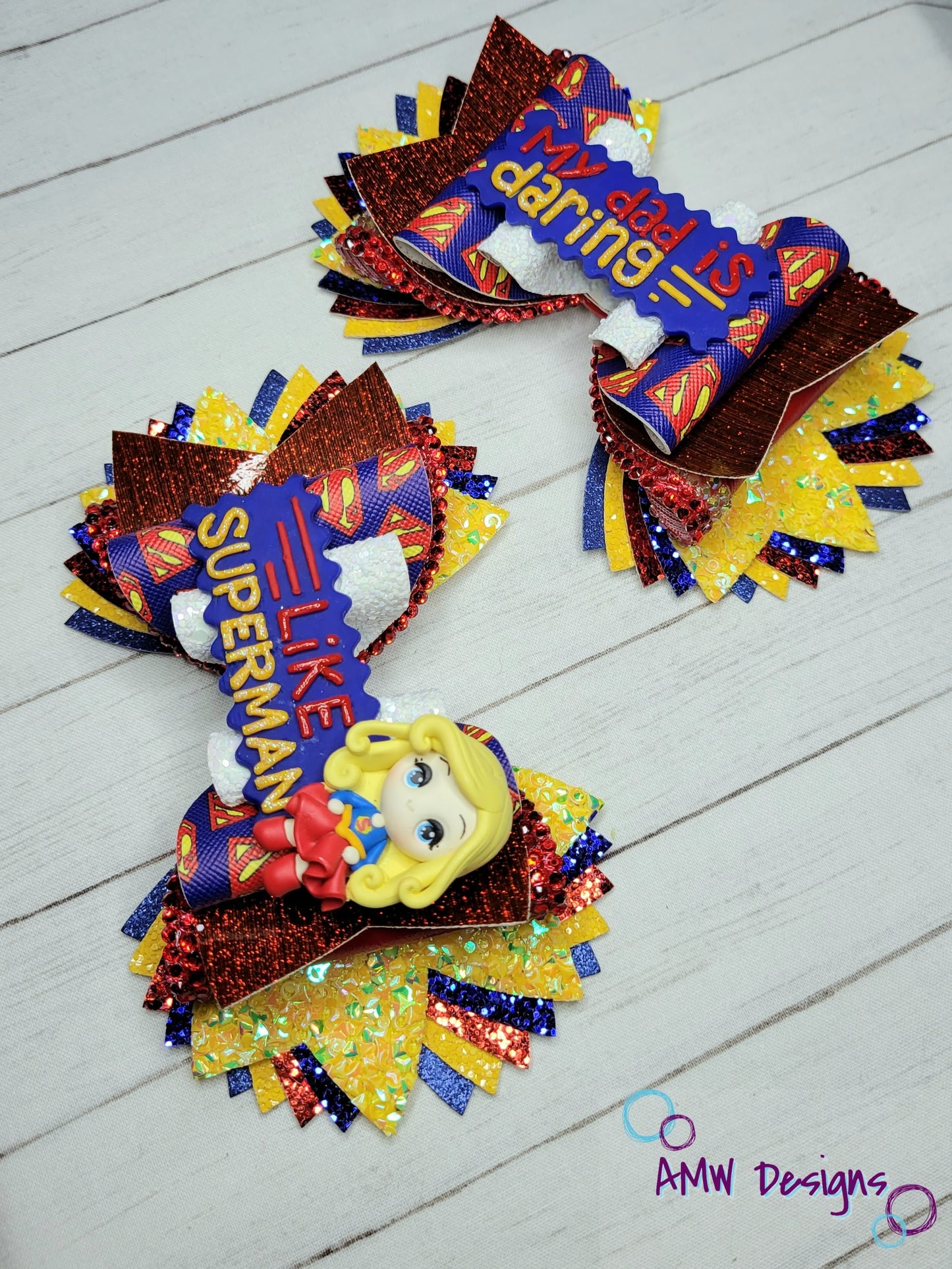 "My Dad is Daring, like Superman!" XL Pigtail Bows